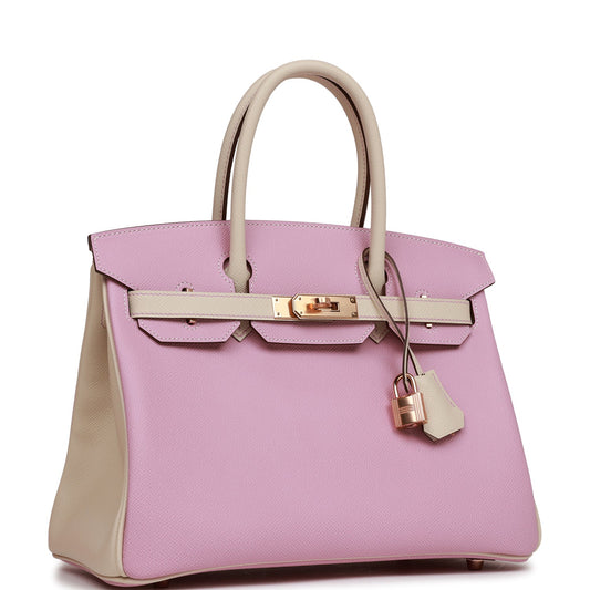Luxury Hermes Special Order (HSS) Birkin 30 Mauve Sylvestre and Craie Epsom Rose Gold Hardware