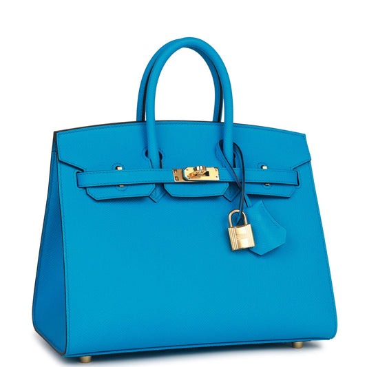 Luxury Hermes Birkin Sellier 25 Bleu Frida Epsom Gold Hardware