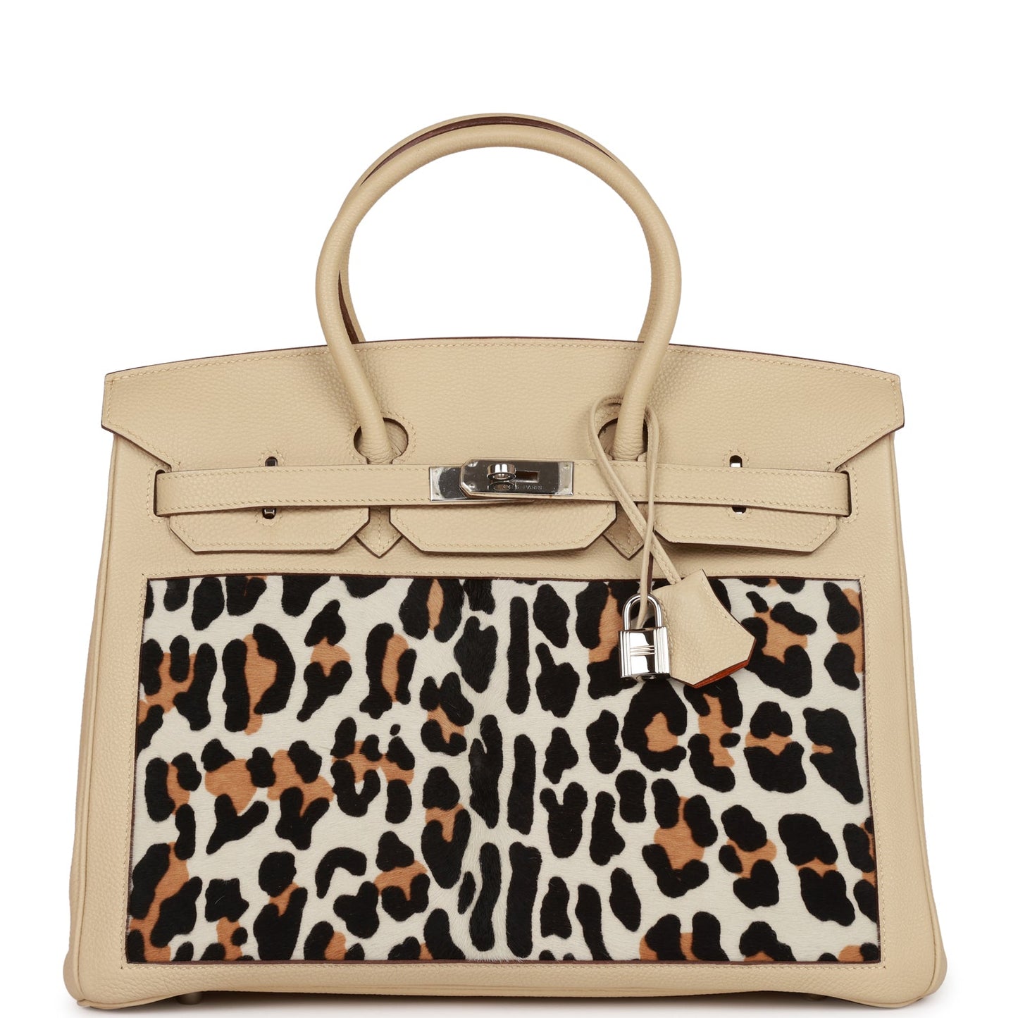 Vintage Luxury Hermes Birkin 35 Parchemin Togo and Leopard Troika Palladium Hardware
