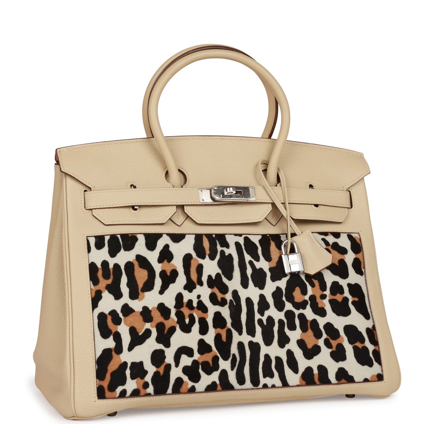 Vintage Luxury Hermes Birkin 35 Parchemin Togo and Leopard Troika Palladium Hardware
