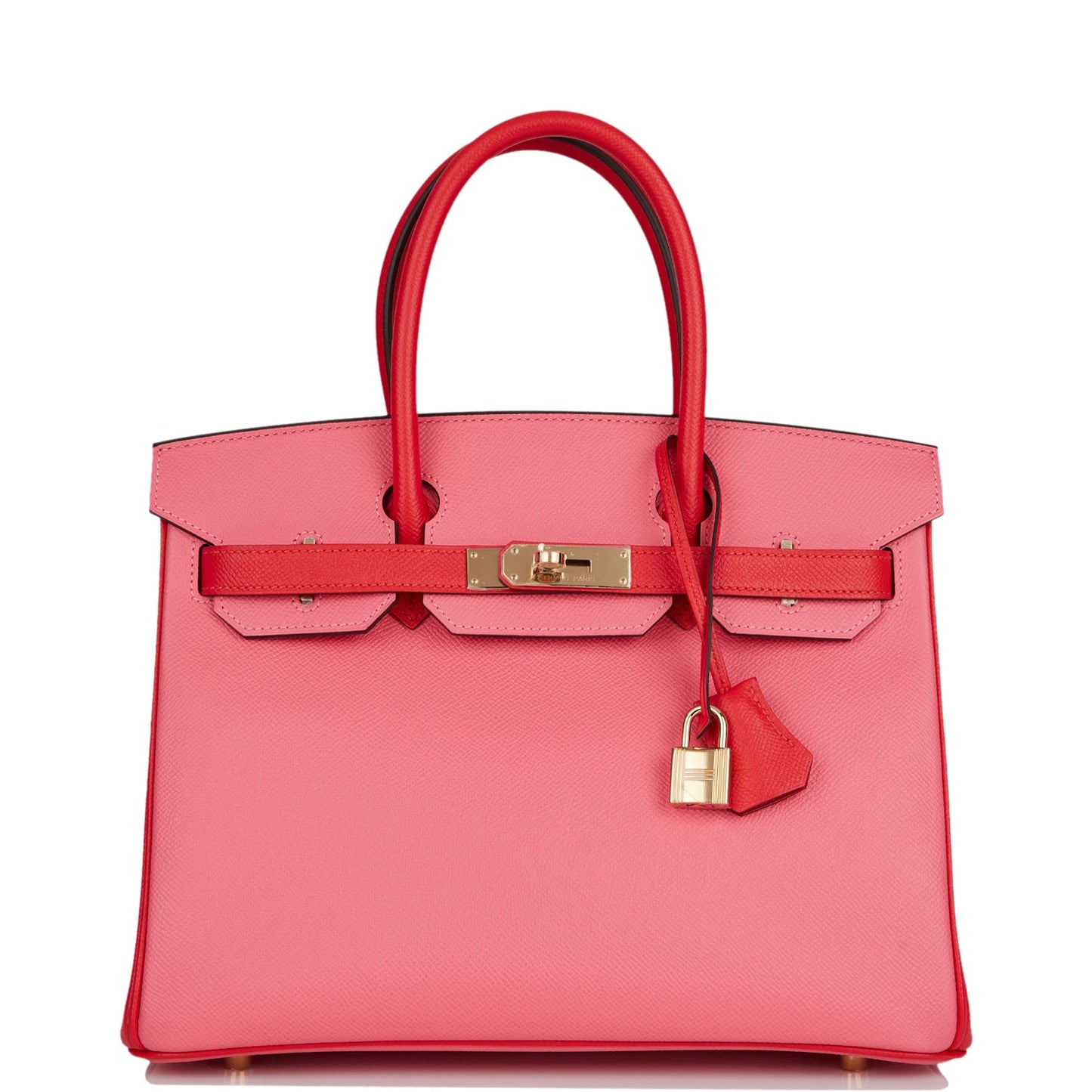 Luxury Hermes Special Order (HSS) Birkin 30 Rose Azalee and Rouge de Coeur Epsom Permabrass Hardware