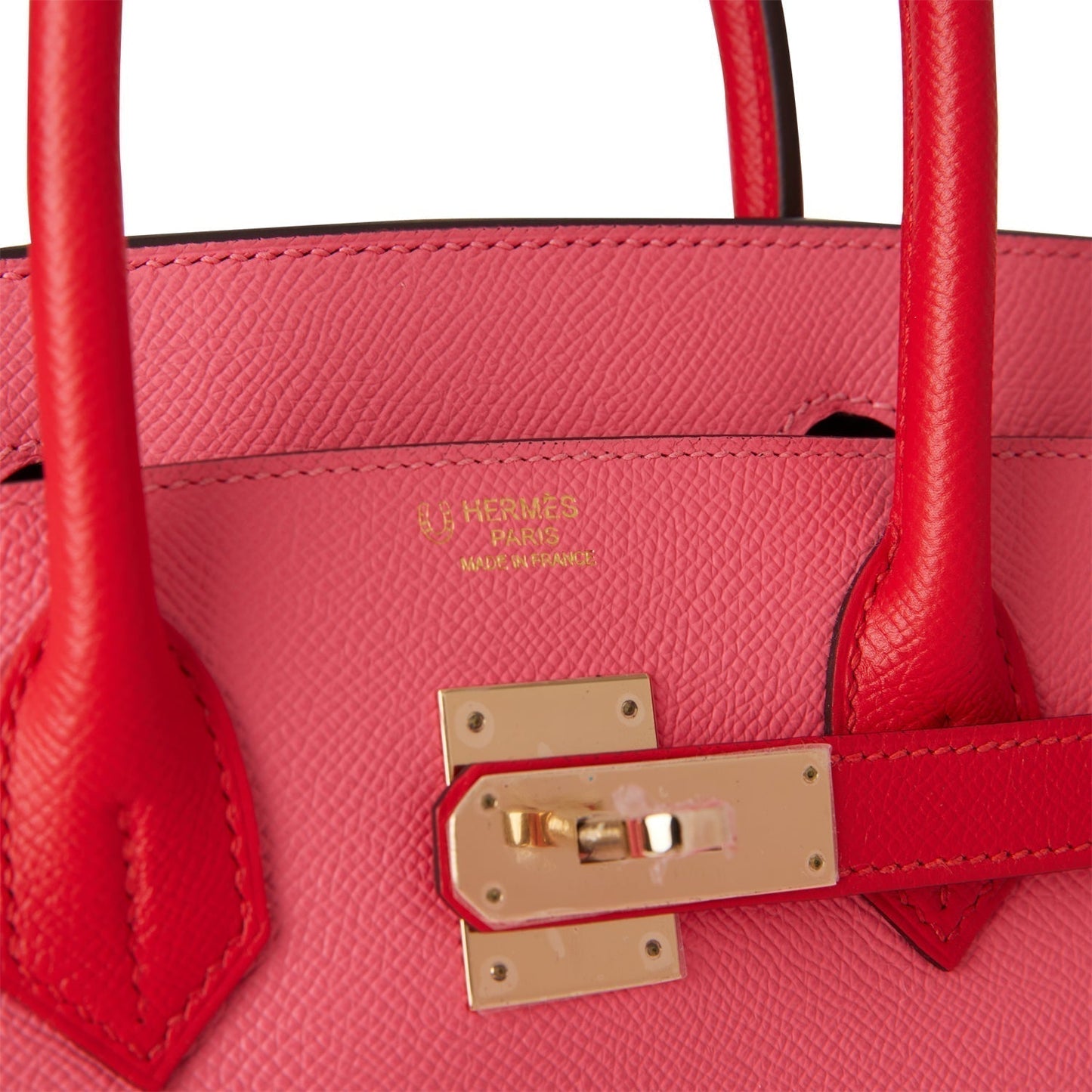 Luxury Hermes Special Order (HSS) Birkin 30 Rose Azalee and Rouge de Coeur Epsom Permabrass Hardware