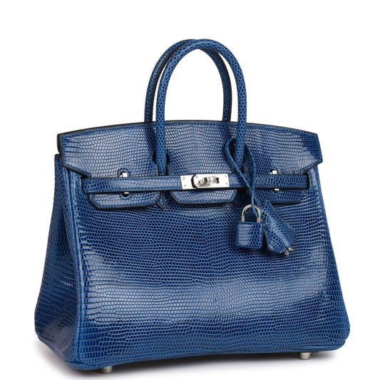 Luxury Hermes Birkin 25 Bleu Saphir Lizard Palladium Hardware