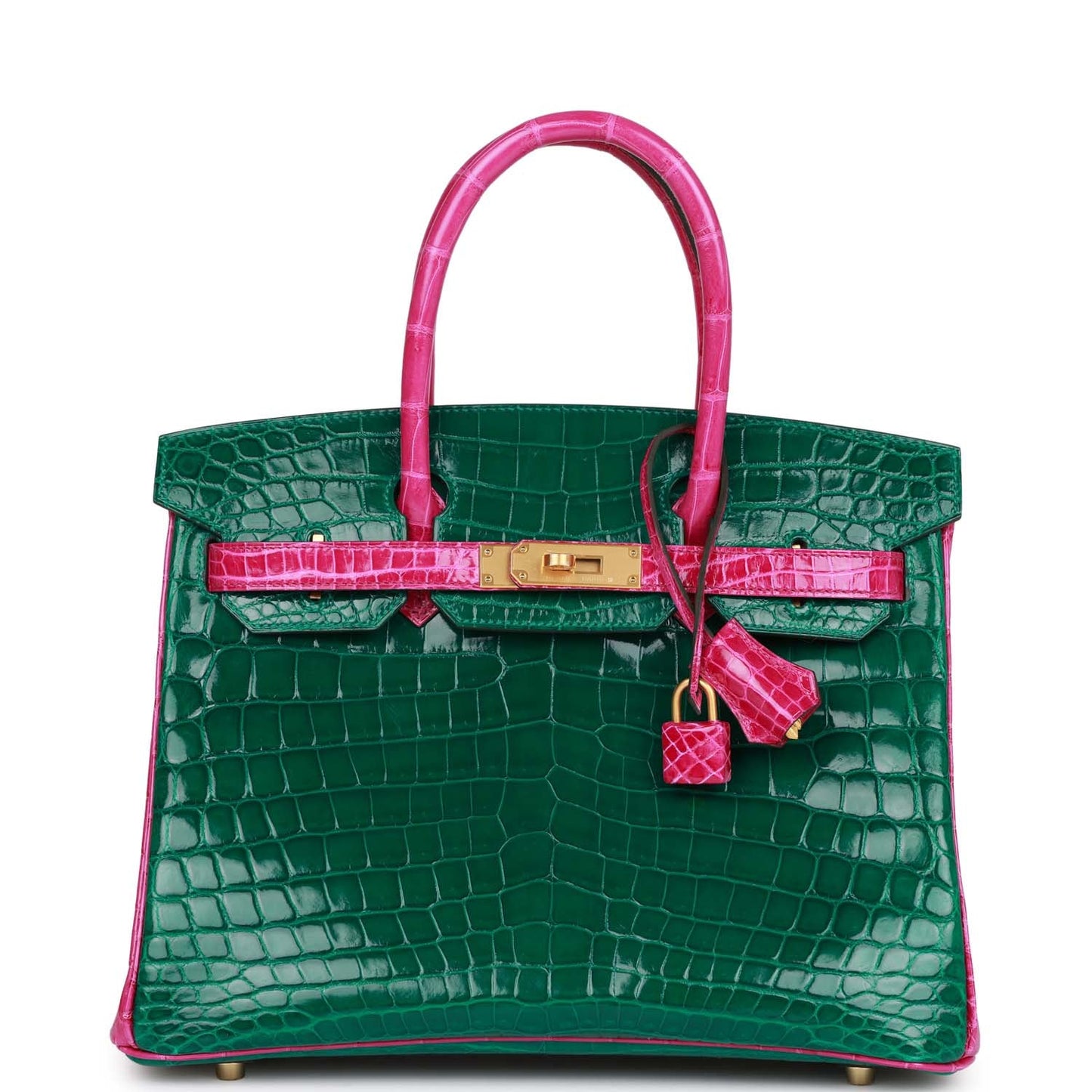Luxury Hermes Special Order (HSS) Birkin 30 Emerald and Rose Scheherazade Shiny Niloticus Crocodile Brushed Gold Hardware