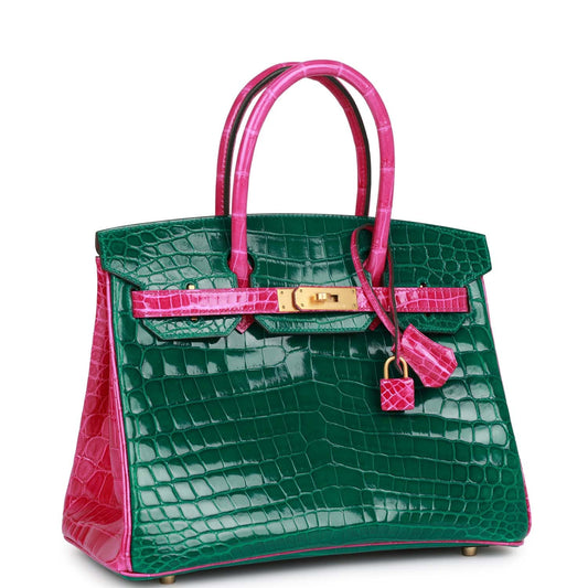 Luxury Hermes Special Order (HSS) Birkin 30 Emerald and Rose Scheherazade Shiny Niloticus Crocodile Brushed Gold Hardware