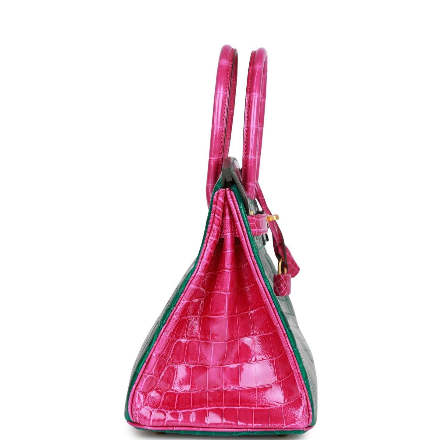 Luxury Hermes Special Order (HSS) Birkin 30 Emerald and Rose Scheherazade Shiny Niloticus Crocodile Brushed Gold Hardware