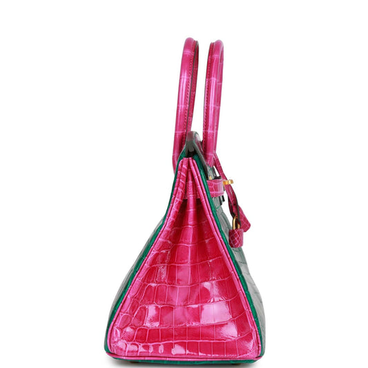 Luxury Hermes Special Order (HSS) Birkin 30 Emerald and Rose Scheherazade Shiny Niloticus Crocodile Brushed Gold Hardware