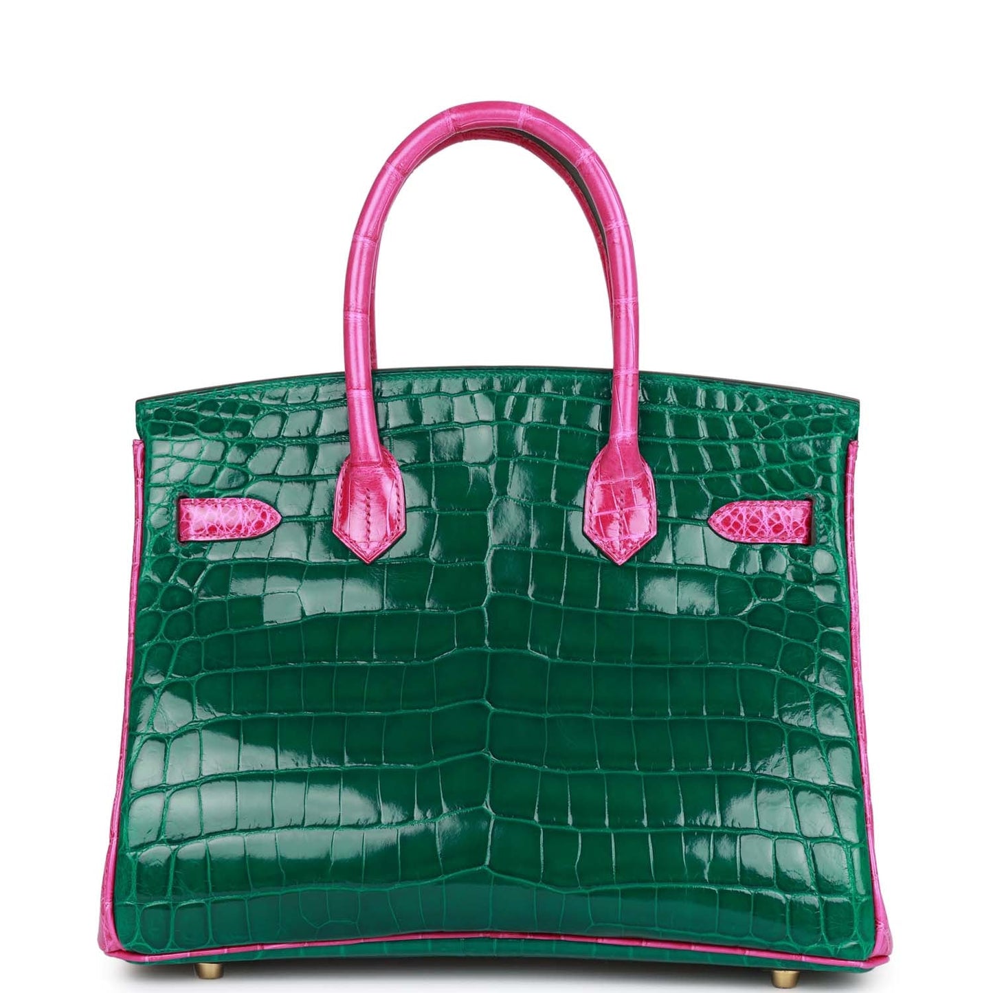 Luxury Hermes Special Order (HSS) Birkin 30 Emerald and Rose Scheherazade Shiny Niloticus Crocodile Brushed Gold Hardware