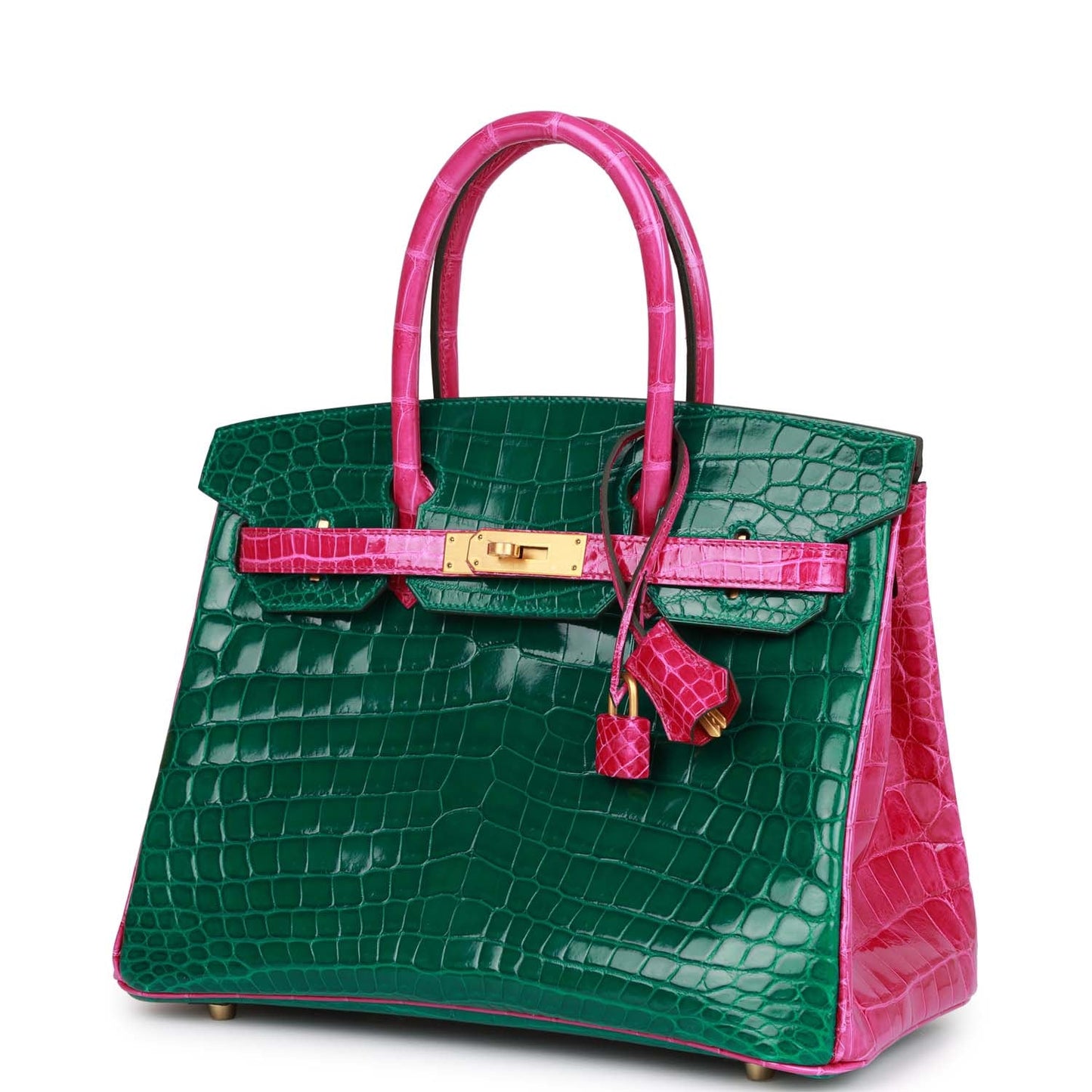 Luxury Hermes Special Order (HSS) Birkin 30 Emerald and Rose Scheherazade Shiny Niloticus Crocodile Brushed Gold Hardware