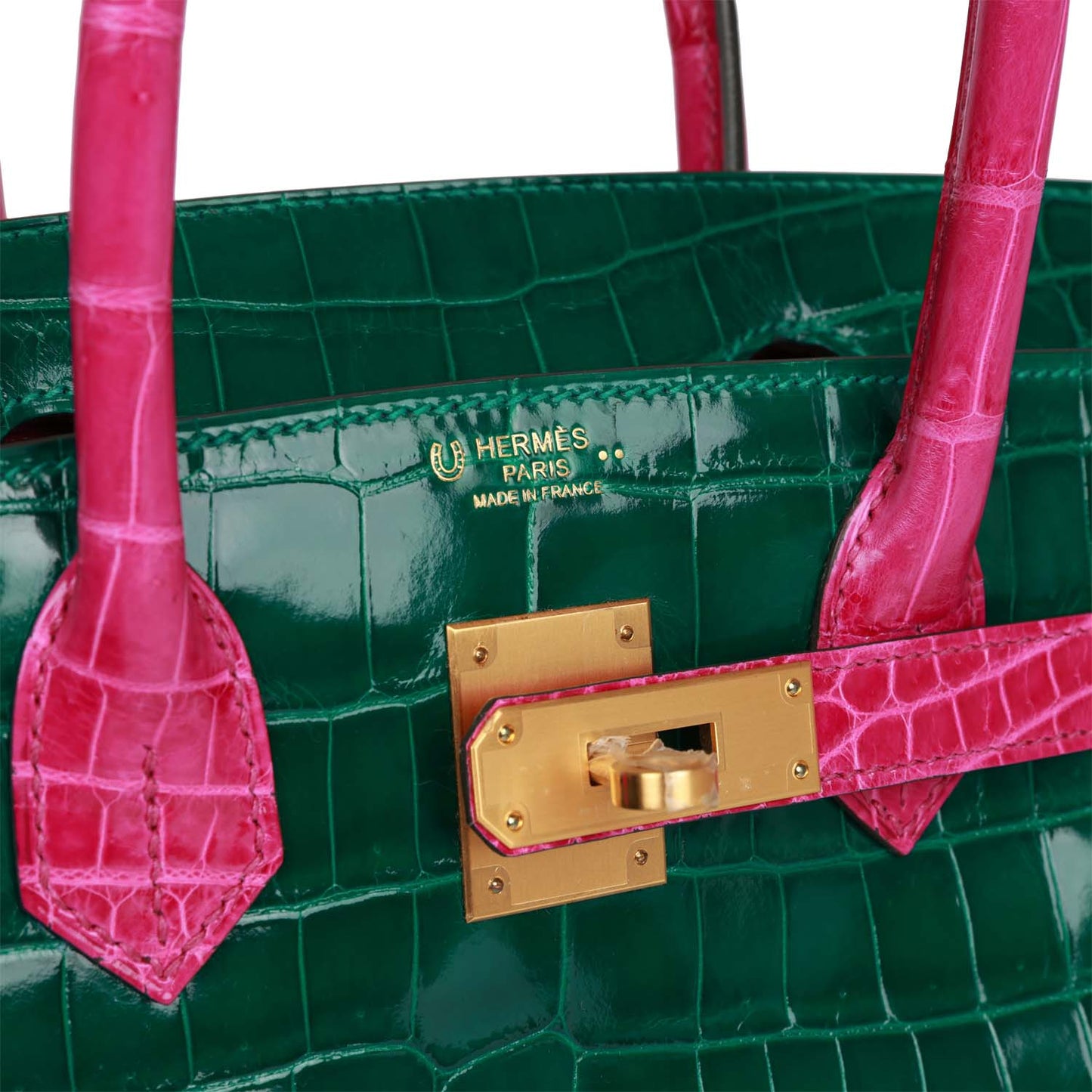 Luxury Hermes Special Order (HSS) Birkin 30 Emerald and Rose Scheherazade Shiny Niloticus Crocodile Brushed Gold Hardware