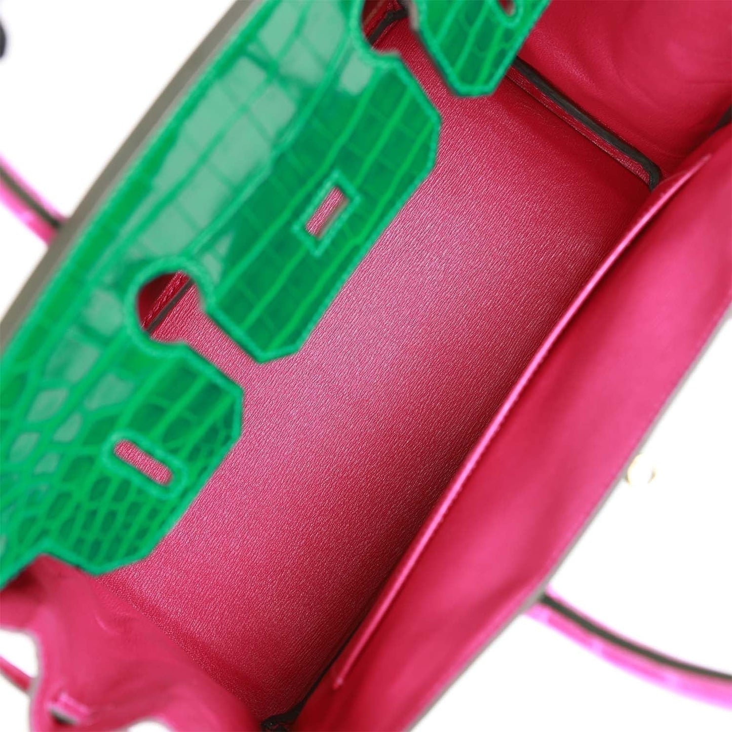 Luxury Hermes Special Order (HSS) Birkin 30 Emerald and Rose Scheherazade Shiny Niloticus Crocodile Brushed Gold Hardware