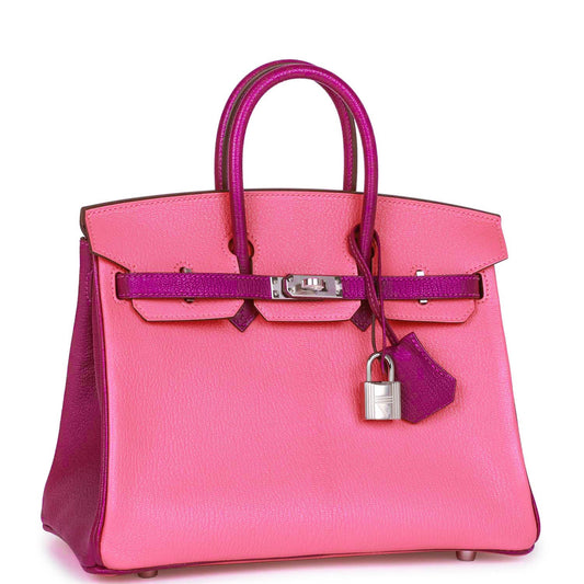 Luxury Hermes Special Order (HSS) Birkin 25 Rose Lipstick and Anemone Chèvre Palladium Hardware