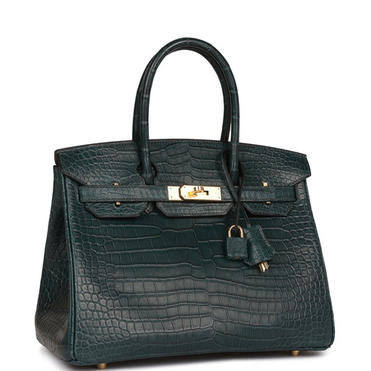Luxury Hermes Birkin 30 Vert Fonce Matte Porosus Crocodile Gold Hardware