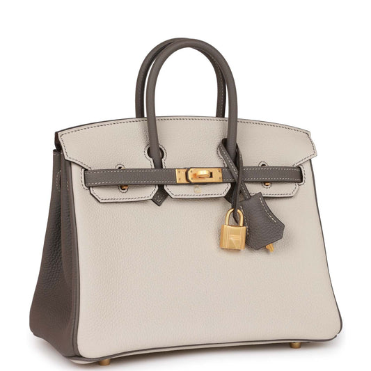 Luxury Hermes Special Order (HSS) Birkin 25 Beton and Etain Togo Brushed Gold Hardware