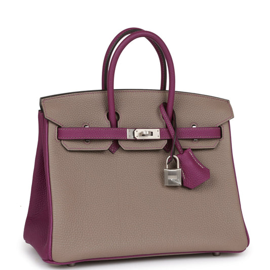 Luxury Hermes Special Order (HSS) Birkin 25 Gris Asphalte and Anenome Togo Brushed Palladium Hardware