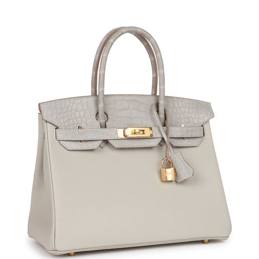 Luxury Hermes Birkin 30 Gris Perle Matte Alligator and Togo Touch Gold Hardware