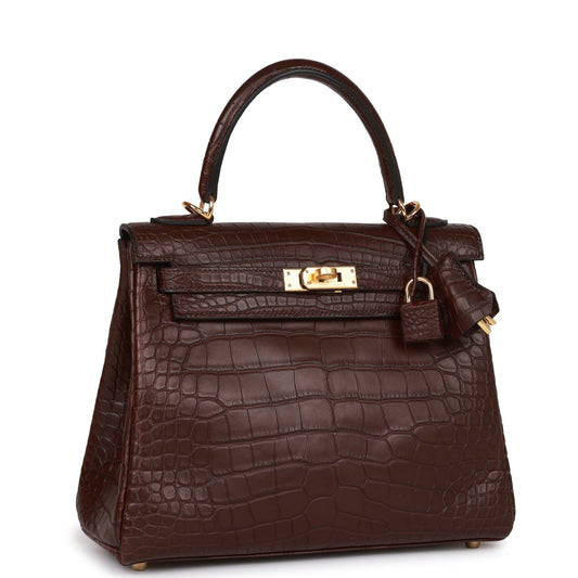 Luxury Hermes Kelly Retourne 25 Rouge Sellier Matte Alligator Gold Hardware