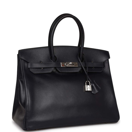 Vintage Luxury Hermes Birkin 35 Bleu Navy Box Palladium Hardware