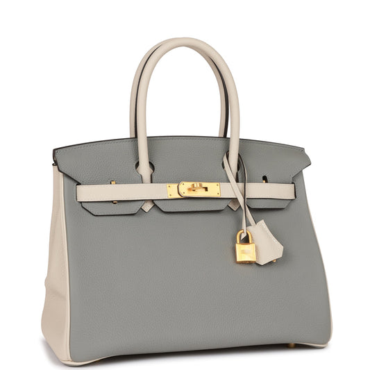 Luxury Hermes Special Order (HSS) Birkin 30 Gris Mouette and Craie Togo Brushed Gold Hardware