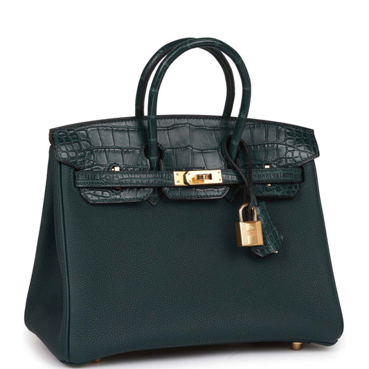 Luxury Hermes Birkin 25 Vert Cypress Matte Alligator and Togo Touch Gold Hardware