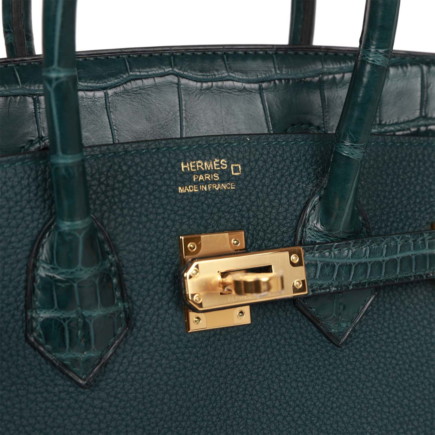 Luxury Hermes Birkin 25 Vert Cypress Matte Alligator and Togo Touch Gold Hardware