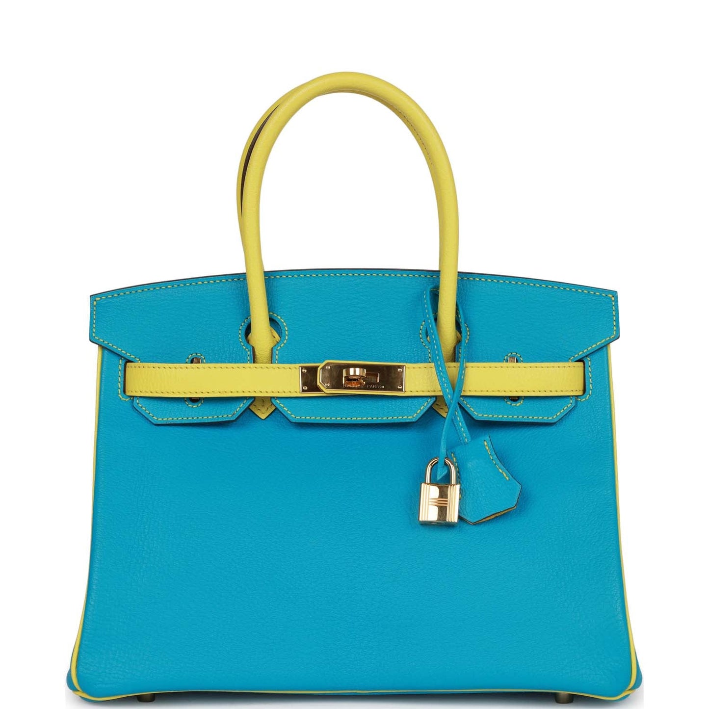 Top Quality Luxury Hermes Special Order (HSS) Birkin 30 Bleu Turquoise and Lime Chevre Gold Hardware