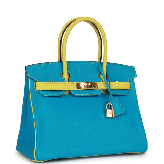 Top Quality Luxury Hermes Special Order (HSS) Birkin 30 Bleu Turquoise and Lime Chevre Gold Hardware