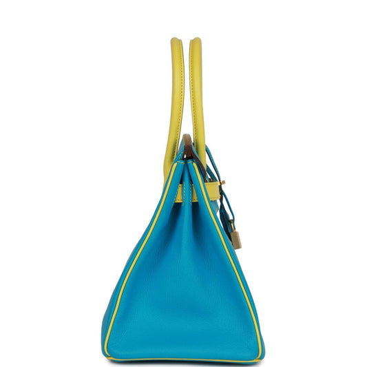 Top Quality Luxury Hermes Special Order (HSS) Birkin 30 Bleu Turquoise and Lime Chevre Gold Hardware