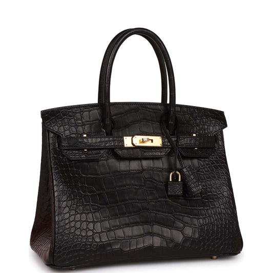 Luxury Hermes Birkin 30 Black Matte Alligator Gold Hardware