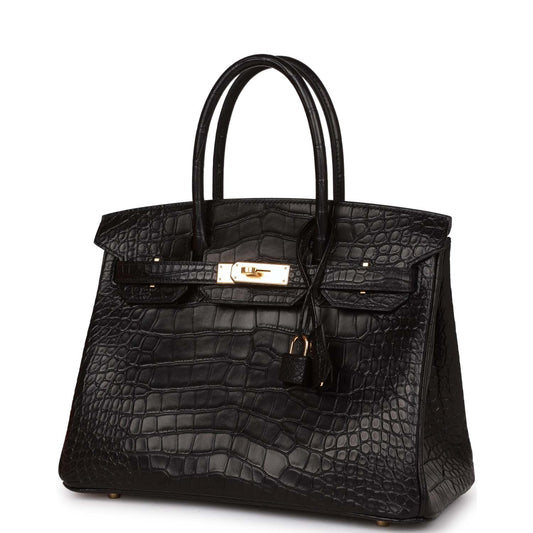 Luxury Hermes Birkin 30 Black Matte Alligator Gold Hardware