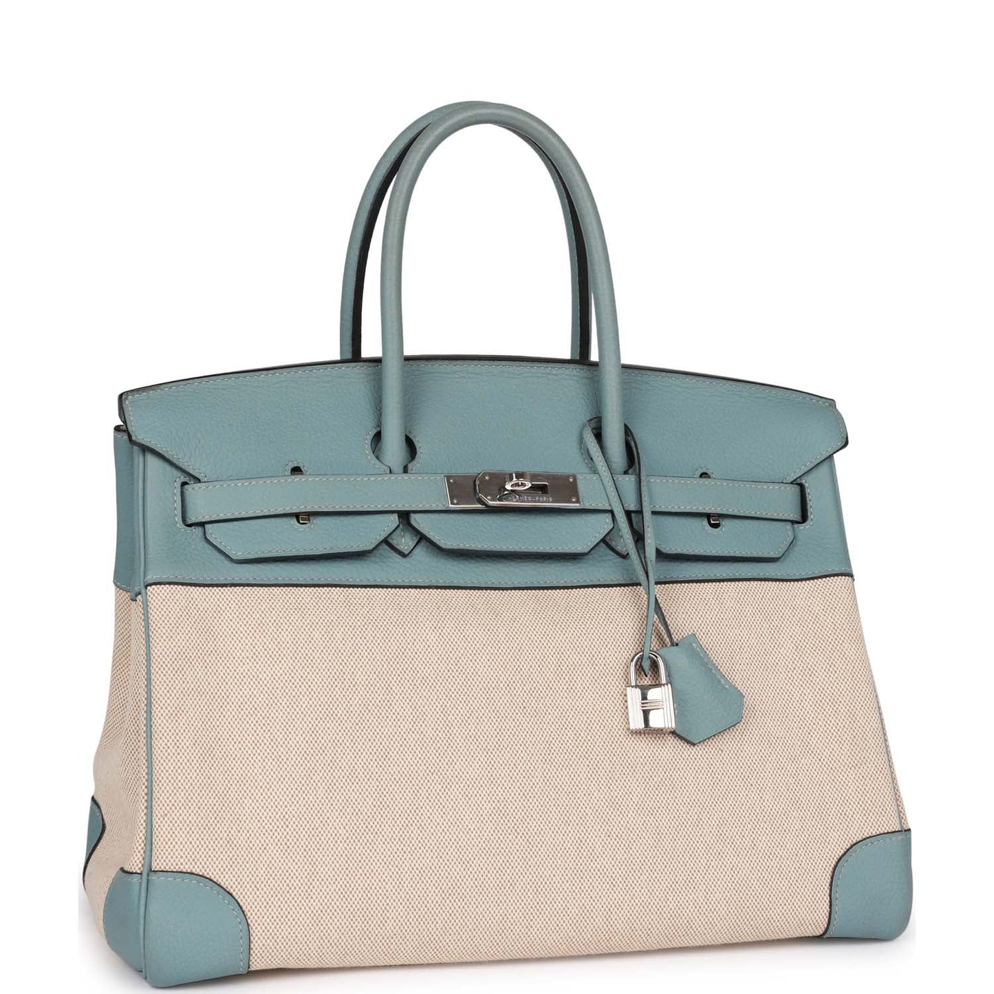 Top Quality Luxury Hermes Birkin 35 Toile H and Ciel Clemence Palladium Hardware