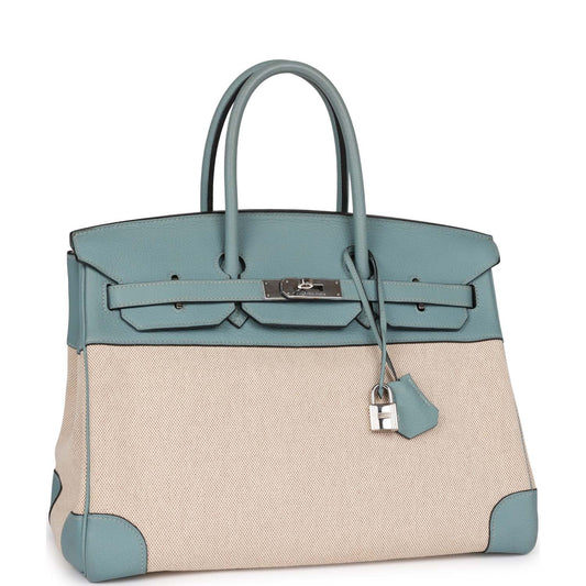 Top Quality Luxury Hermes Birkin 35 Toile H and Ciel Clemence Palladium Hardware