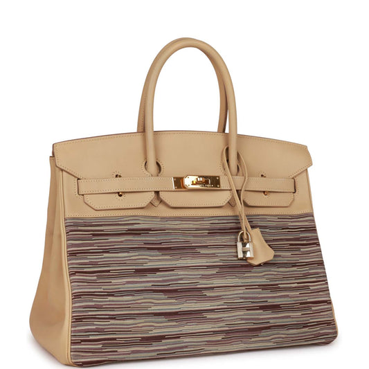 Vintage Luxury Hermes Birkin 35 Vibrato Parchemin Box Gold Hardware