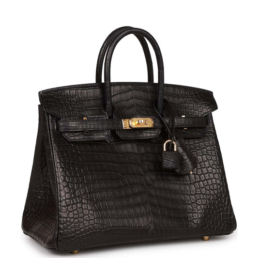 Luxury Hermes Birkin 25 Black Matte Porosus Crocodile Gold Hardware