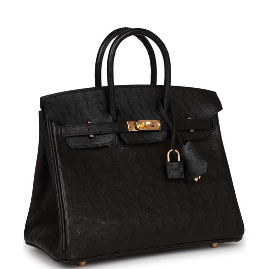 Luxury Hermes Birkin 25 Black Ostrich Gold Hardware