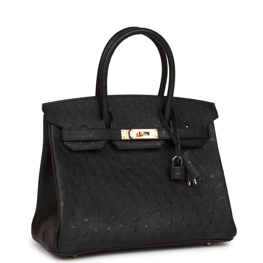 Luxury Hermes Birkin 30 Black Ostrich Rose Gold Hardware