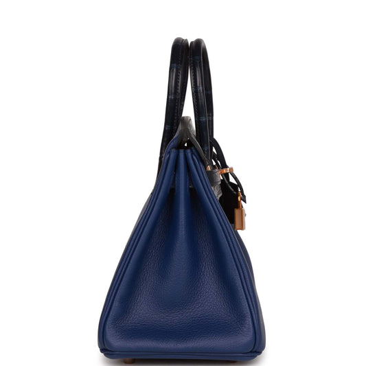 Luxury Hermes Birkin 25 Bleu Marine Matte Alligator and Bleu Saphir Novillo Touch Rose Gold Hardware