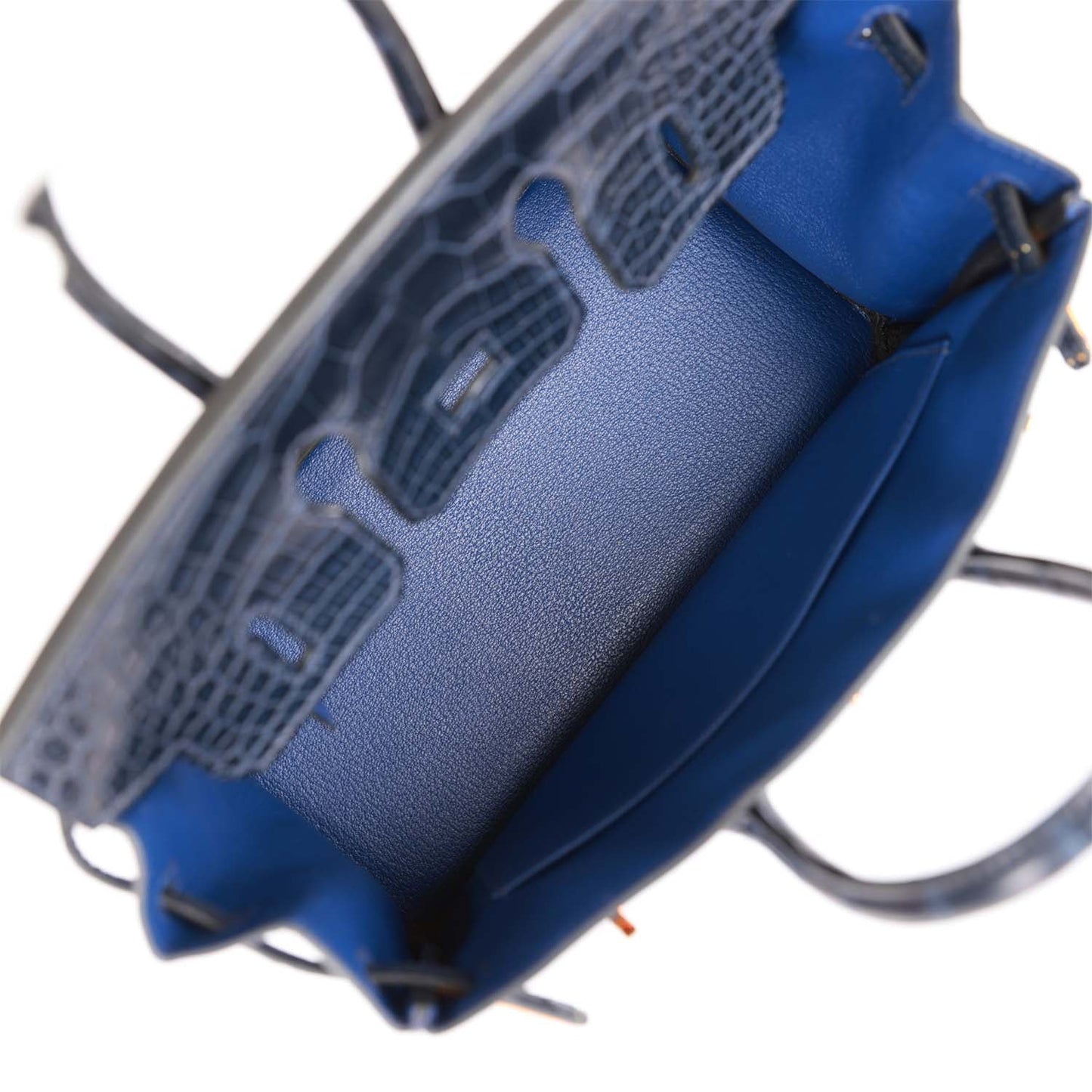 Luxury Hermes Birkin 25 Bleu Marine Matte Alligator and Bleu Saphir Novillo Touch Rose Gold Hardware