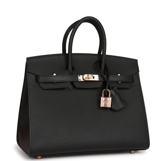 Luxury Hermes Birkin Sellier 25 Black Epsom Rose Gold Hardware