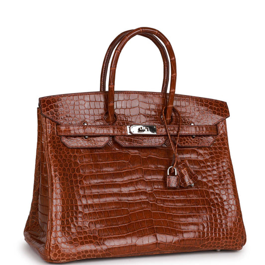 Top Quality Luxury Hermes Birkin 35 Miel Shiny Porosus Crocodile Palladium Hardware
