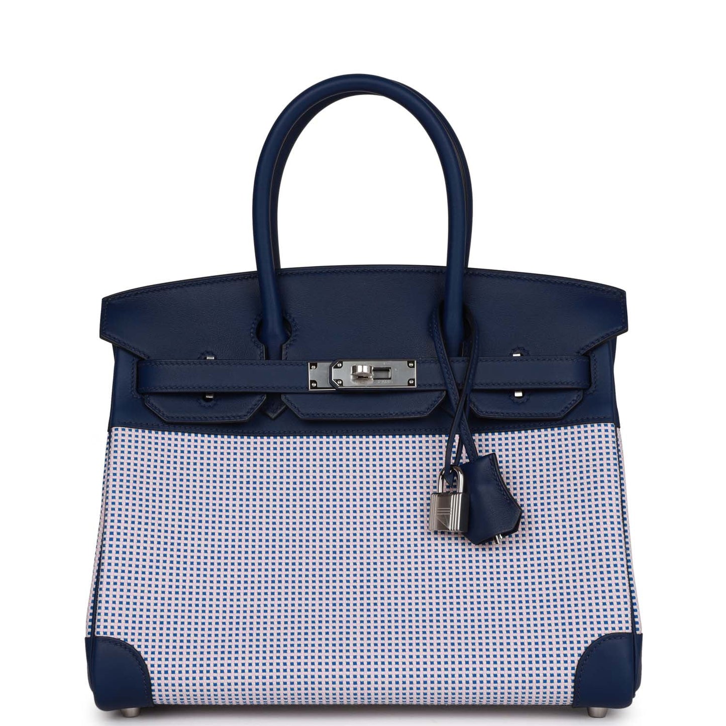 Luxury Hermes Quadrille Birkin 30 Bleu Saphir Swift and Ecru Mauve Toile Palladium Hardware