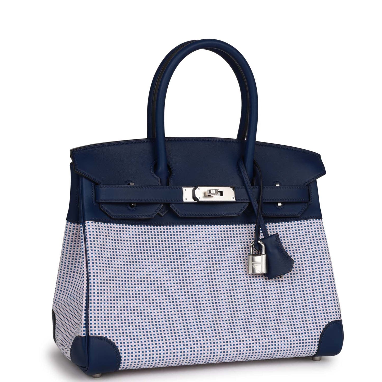 Luxury Hermes Quadrille Birkin 30 Bleu Saphir Swift and Ecru Mauve Toile Palladium Hardware