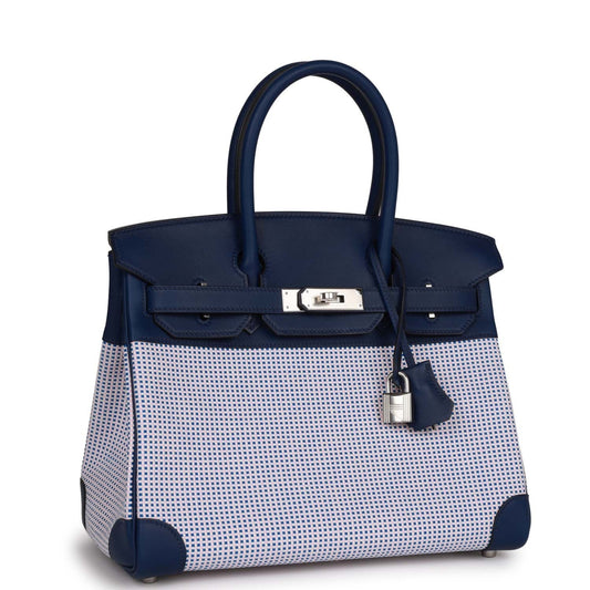 Luxury Hermes Quadrille Birkin 30 Bleu Saphir Swift and Ecru Mauve Toile Palladium Hardware