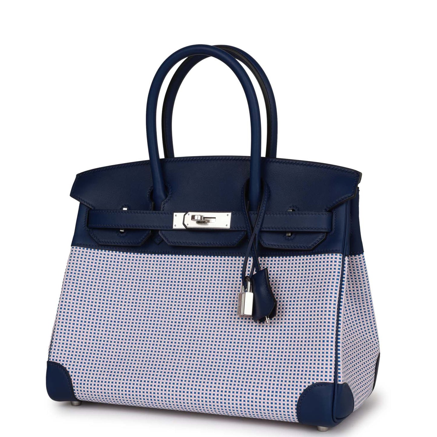 Luxury Hermes Quadrille Birkin 30 Bleu Saphir Swift and Ecru Mauve Toile Palladium Hardware