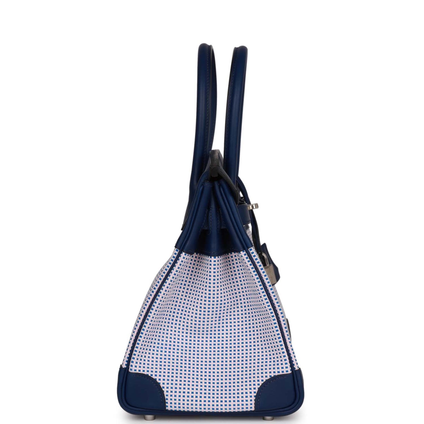 Luxury Hermes Quadrille Birkin 30 Bleu Saphir Swift and Ecru Mauve Toile Palladium Hardware