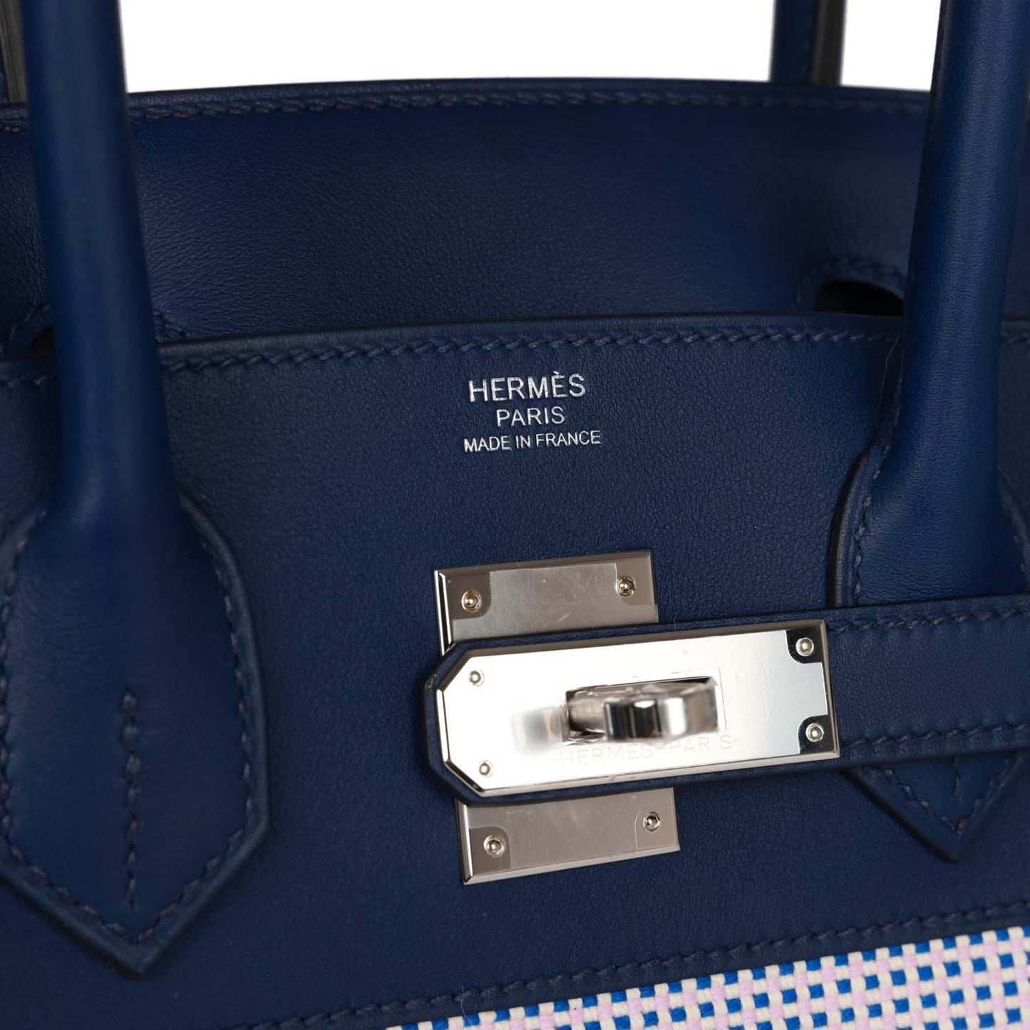 Luxury Hermes Quadrille Birkin 30 Bleu Saphir Swift and Ecru Mauve Toile Palladium Hardware