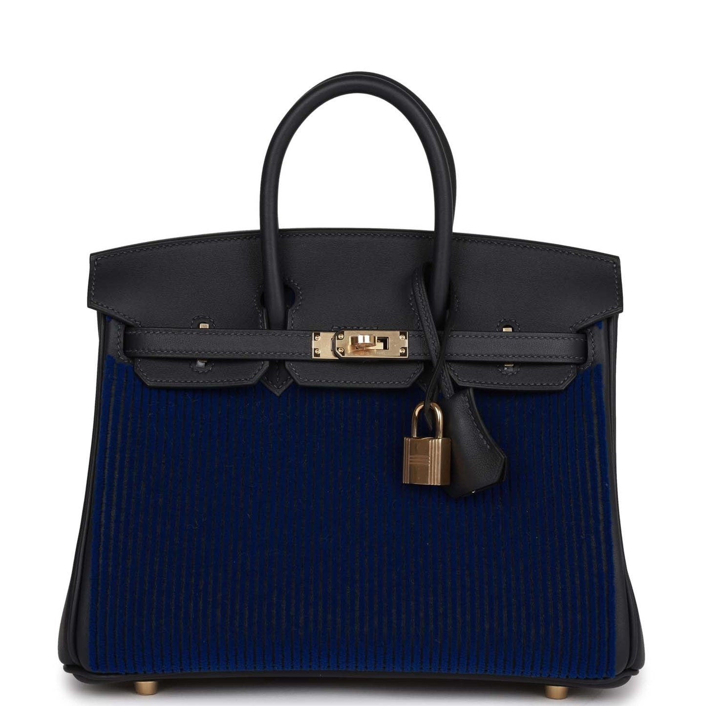 Luxury Hermes Birkin 25 Cote-a-Cote Tuffetage Bleu Saphir and Caban Swift Permabrass Hardware