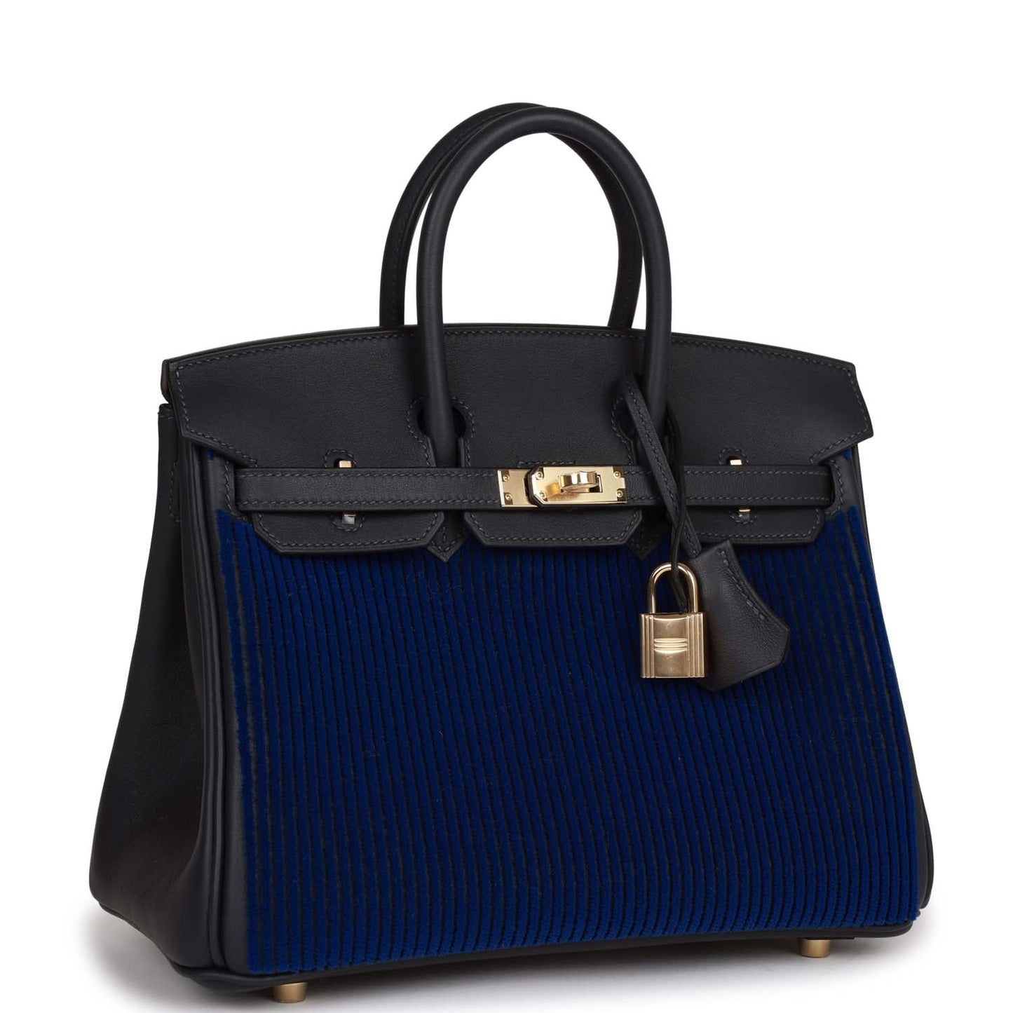 Luxury Hermes Birkin 25 Cote-a-Cote Tuffetage Bleu Saphir and Caban Swift Permabrass Hardware