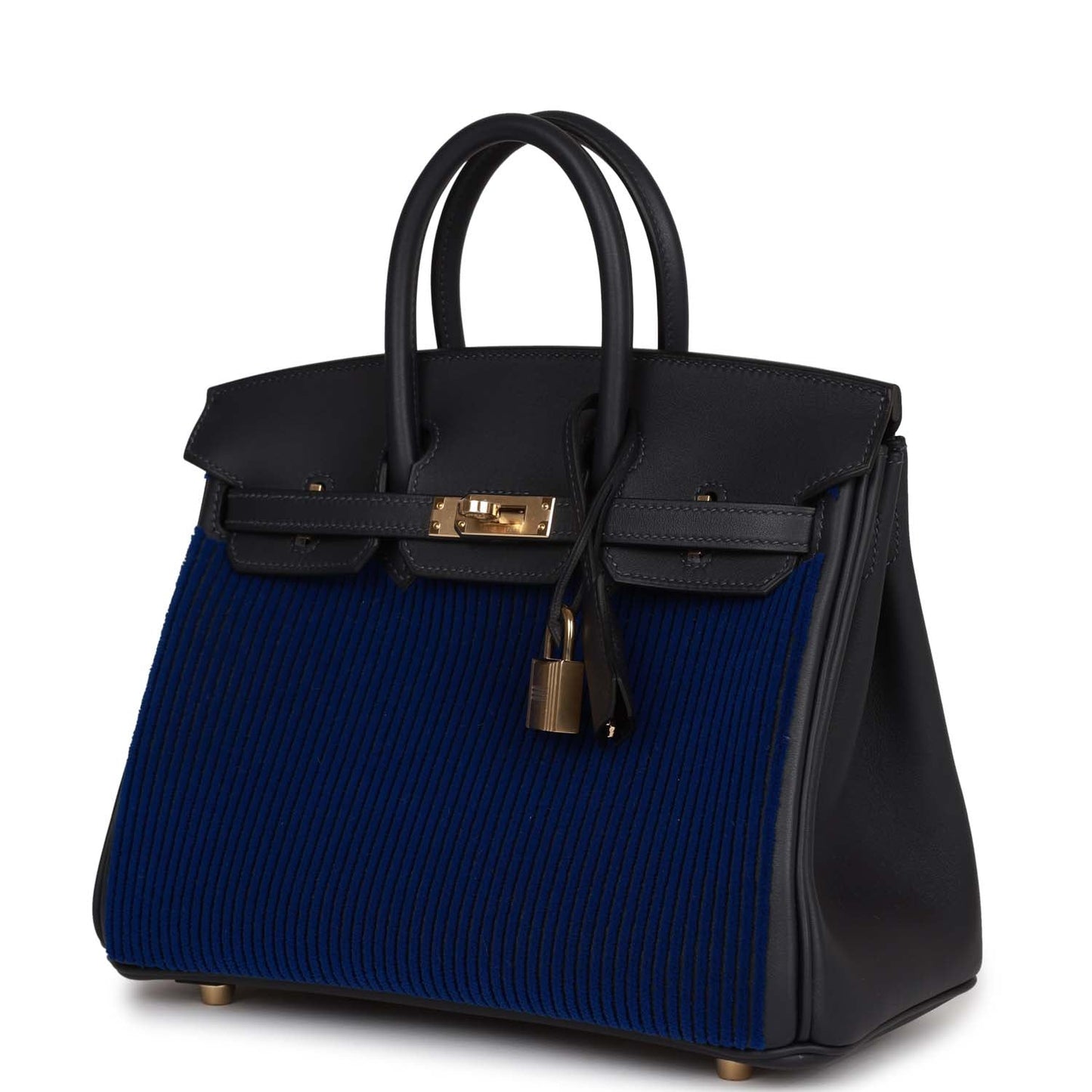 Luxury Hermes Birkin 25 Cote-a-Cote Tuffetage Bleu Saphir and Caban Swift Permabrass Hardware