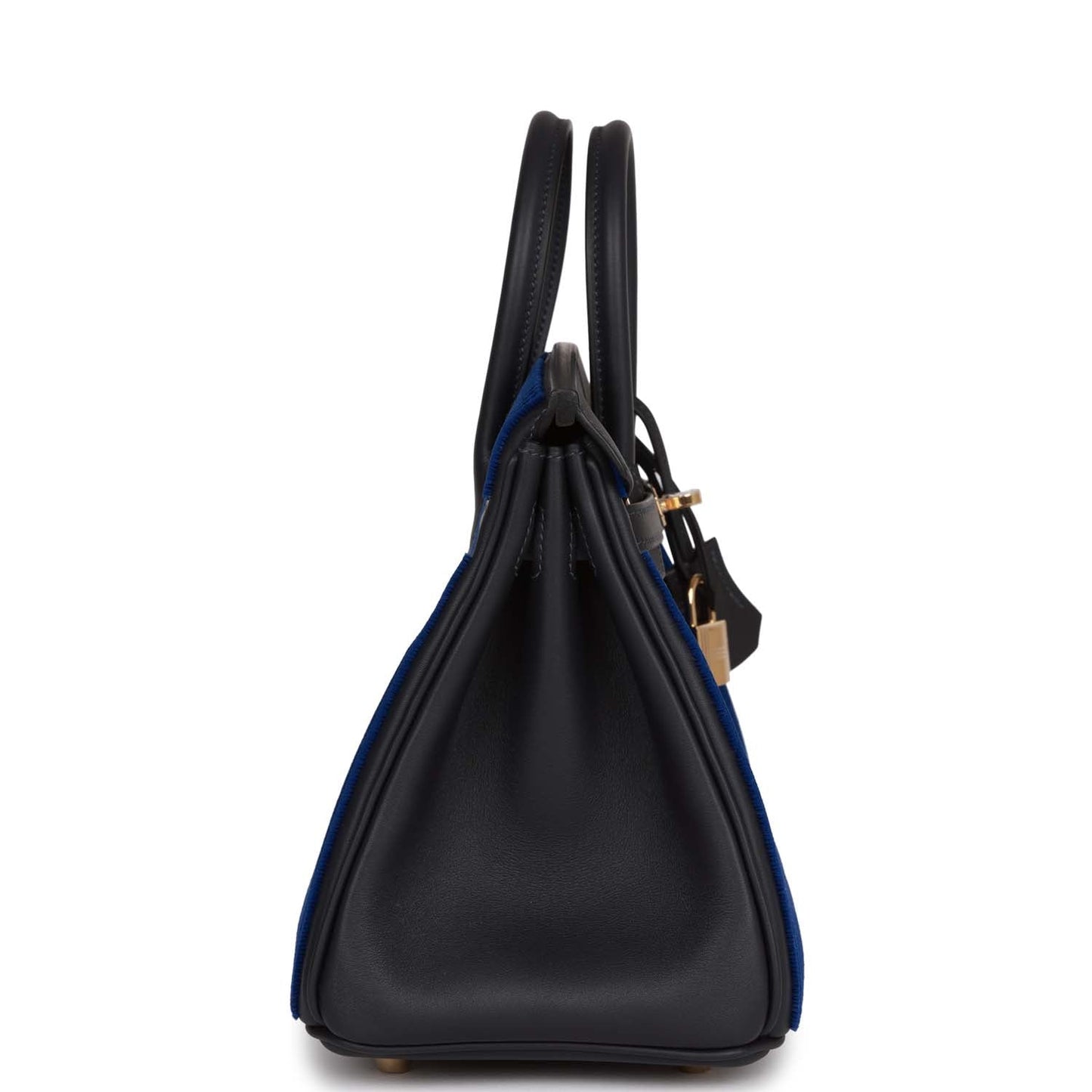 Luxury Hermes Birkin 25 Cote-a-Cote Tuffetage Bleu Saphir and Caban Swift Permabrass Hardware